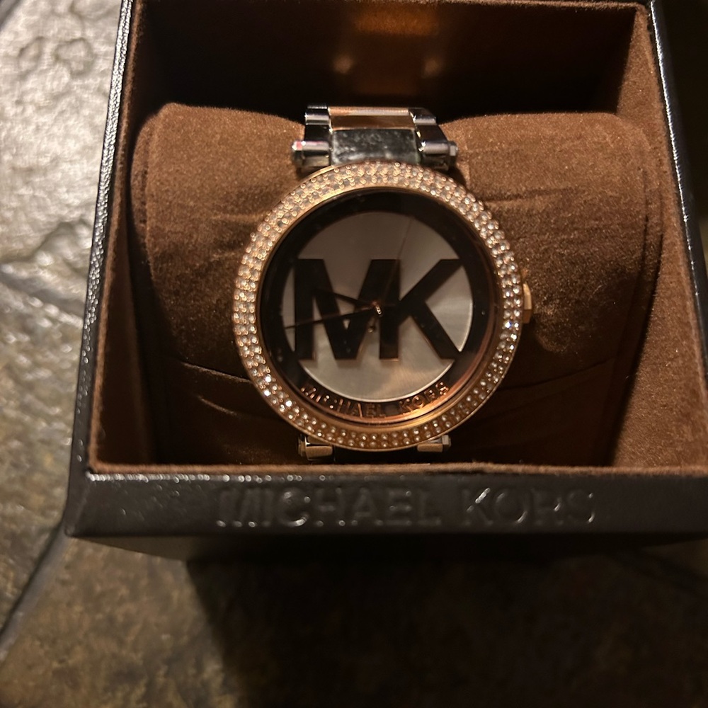 Michael Kors Rose Gold and Silver Watch with Crystal Bezel